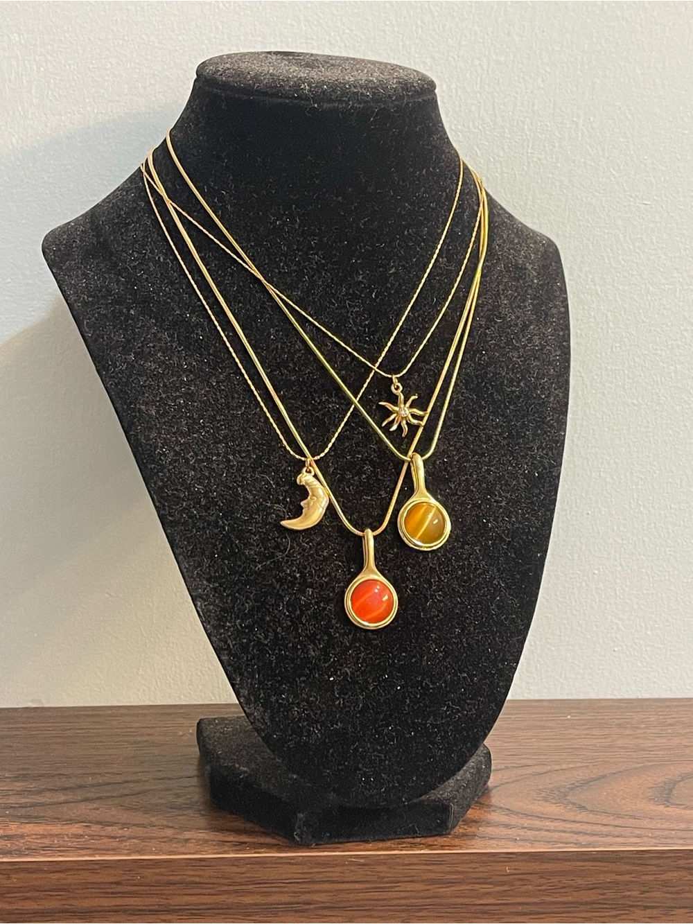 Gold-Tone Layered Necklace Set with Orange and Amber Pendants